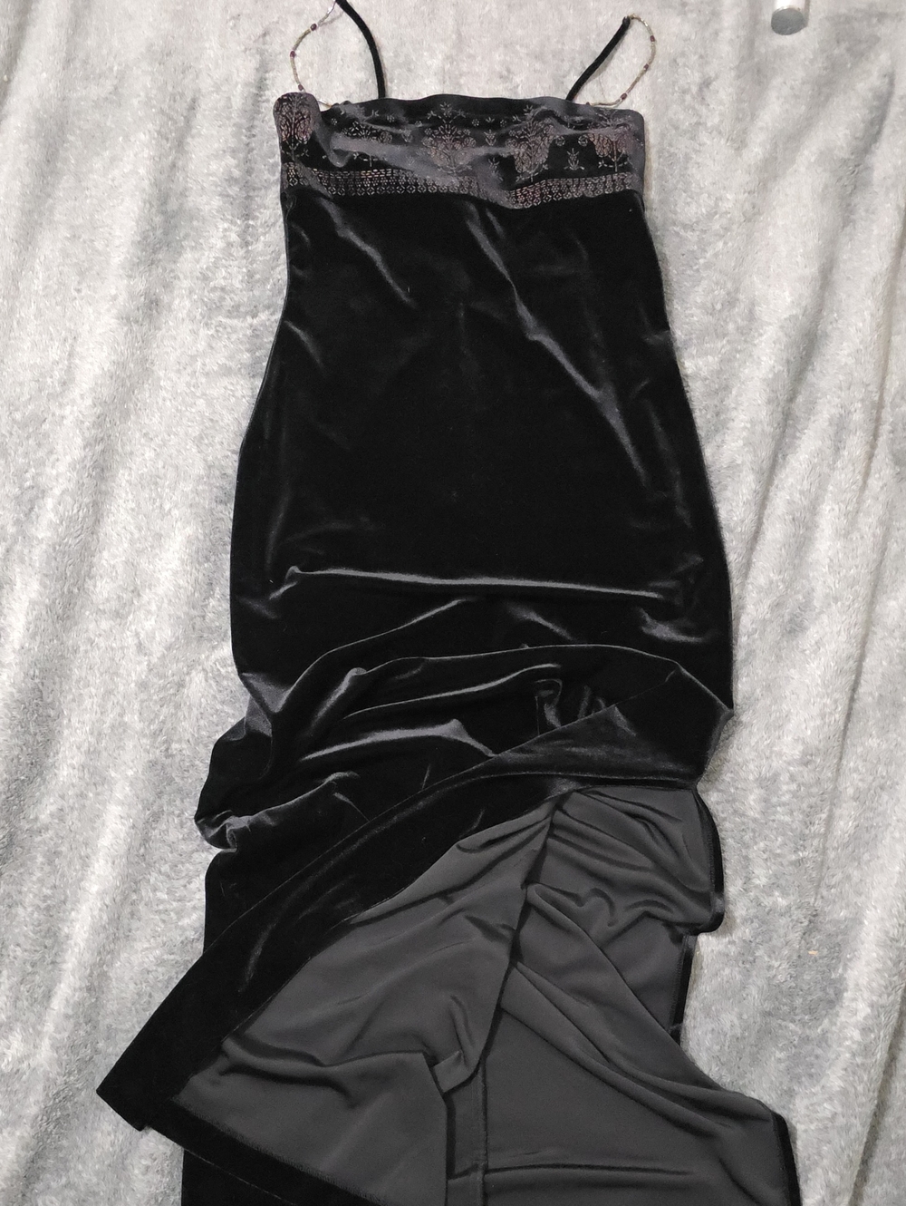 Vintage 90s Ecru Studio Black Velvet Maxi Dress Beaded Straps Glitter S